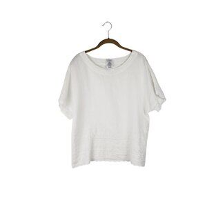 Lands End Womens 12 100% Linen Eyelet Lace Trim Short Sleeve Top White